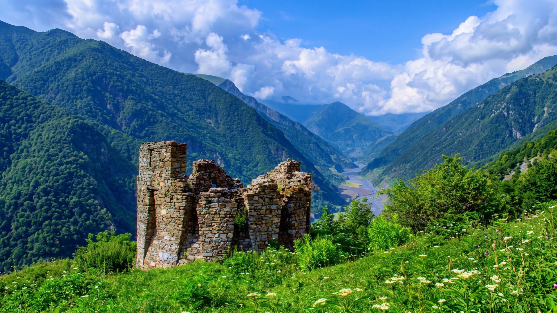 Mountain, forest and stone-tower scenery supplied for the Gakh article