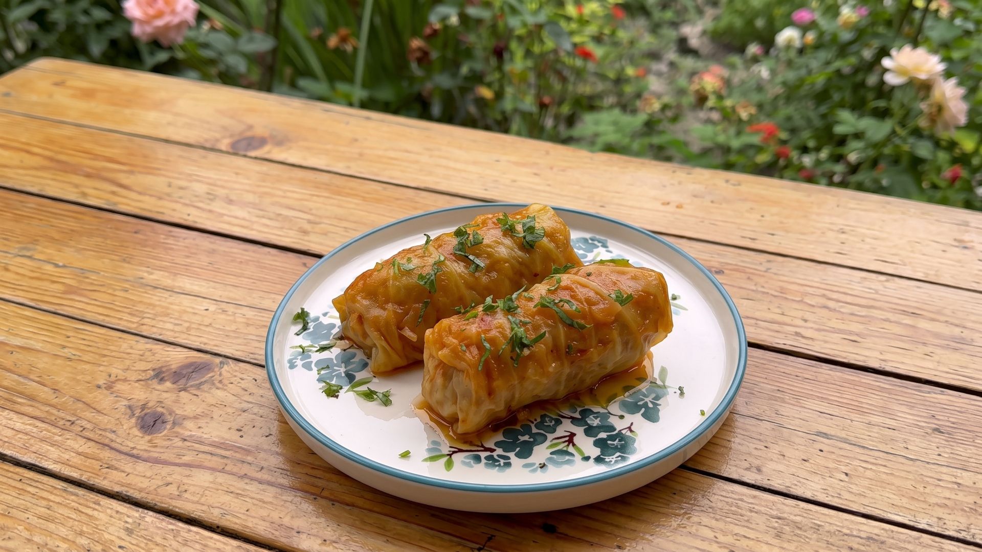 Cabbage dolma served with herbs on a plate