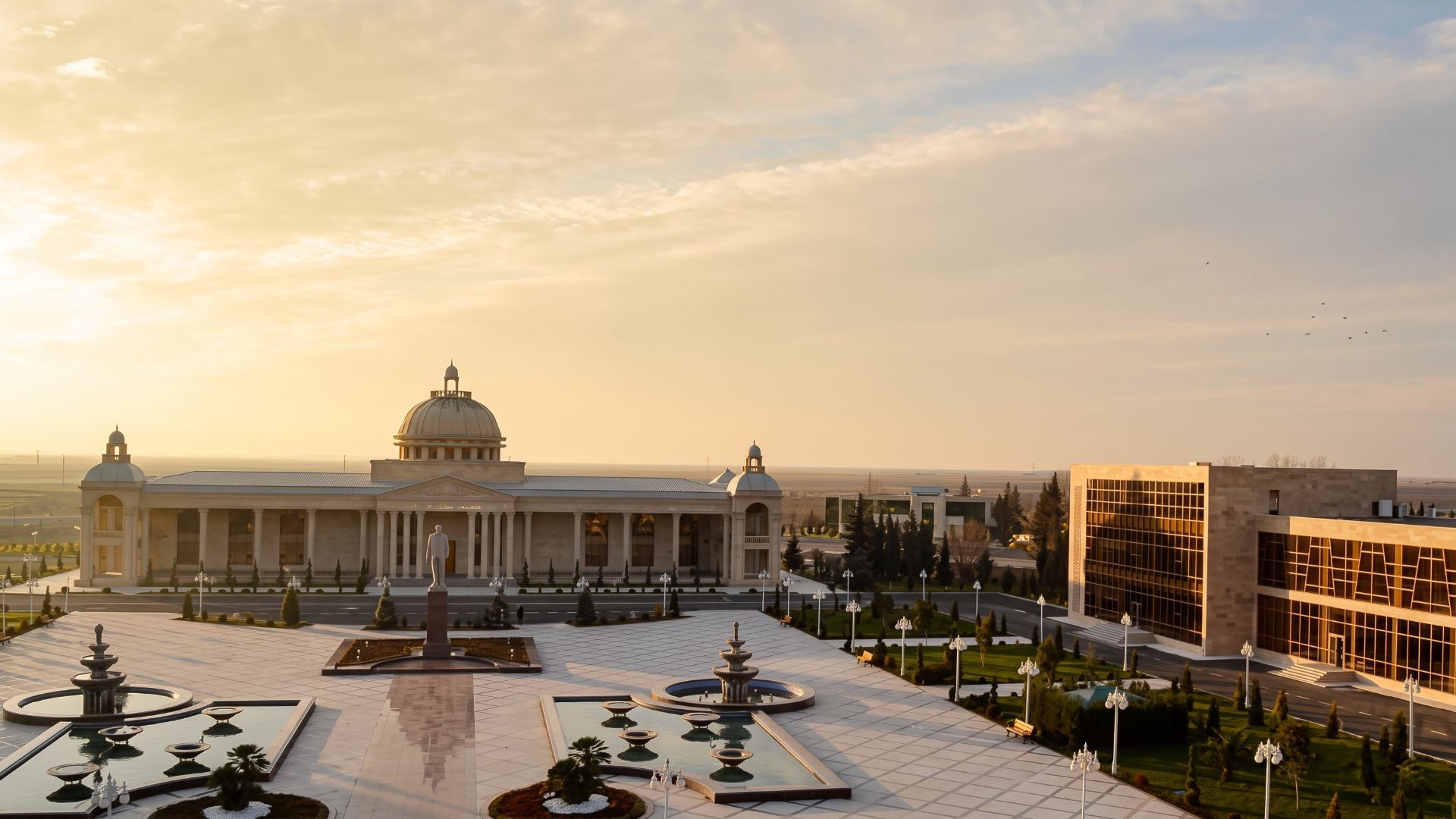 Square and columned public building at sunset in the supplied Ujar article image