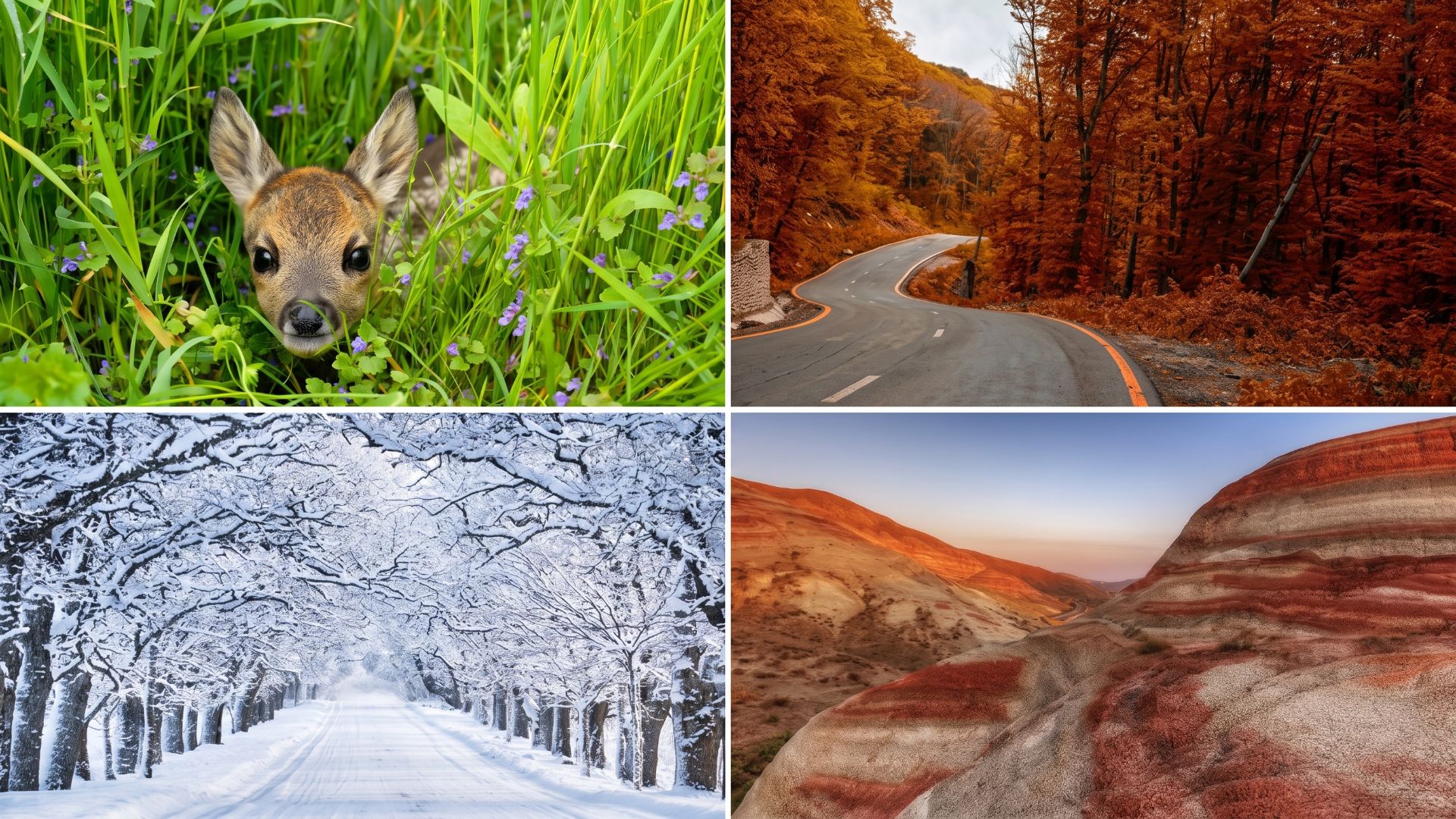 Collage of a roe deer, autumn forest road, snowy trees and striped hills